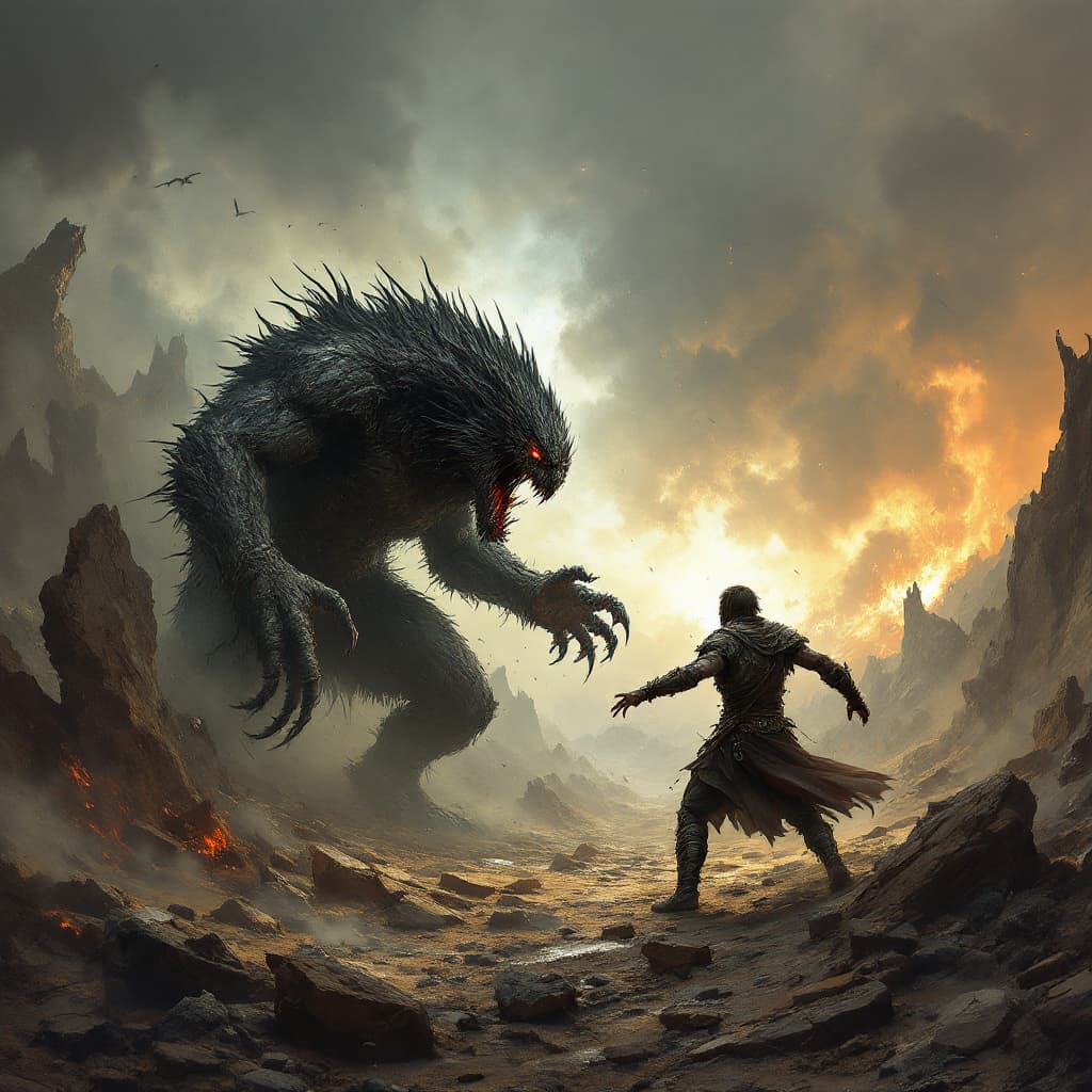 AI generated: This image depicts a dramatic battle between a lone warrior and a monster amidst a shattered, desola...