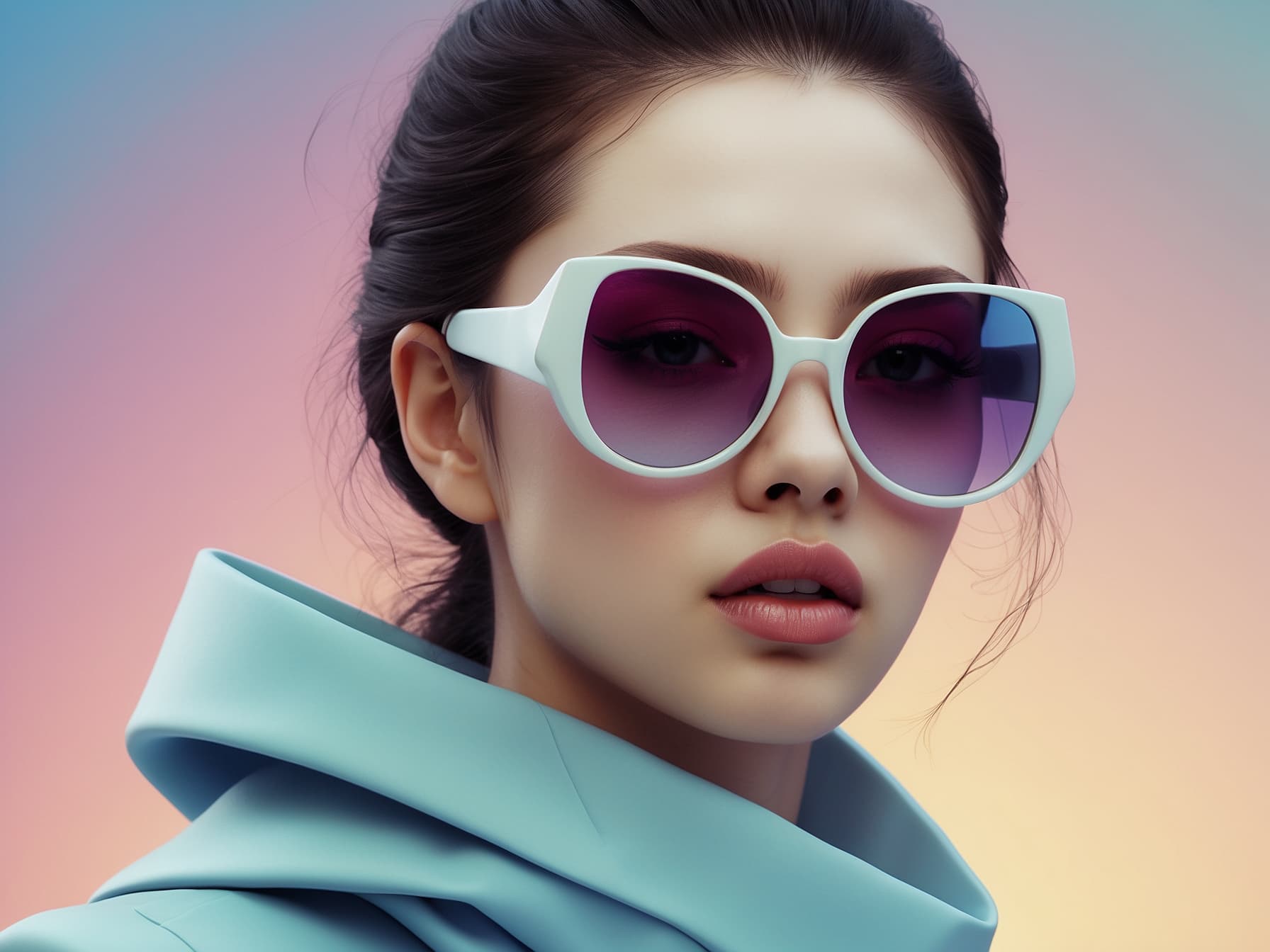 AI generated: a woman wearing sunglasses and a blue coat, a 3D render by Jan Tengnagel, trending on cg society, re...