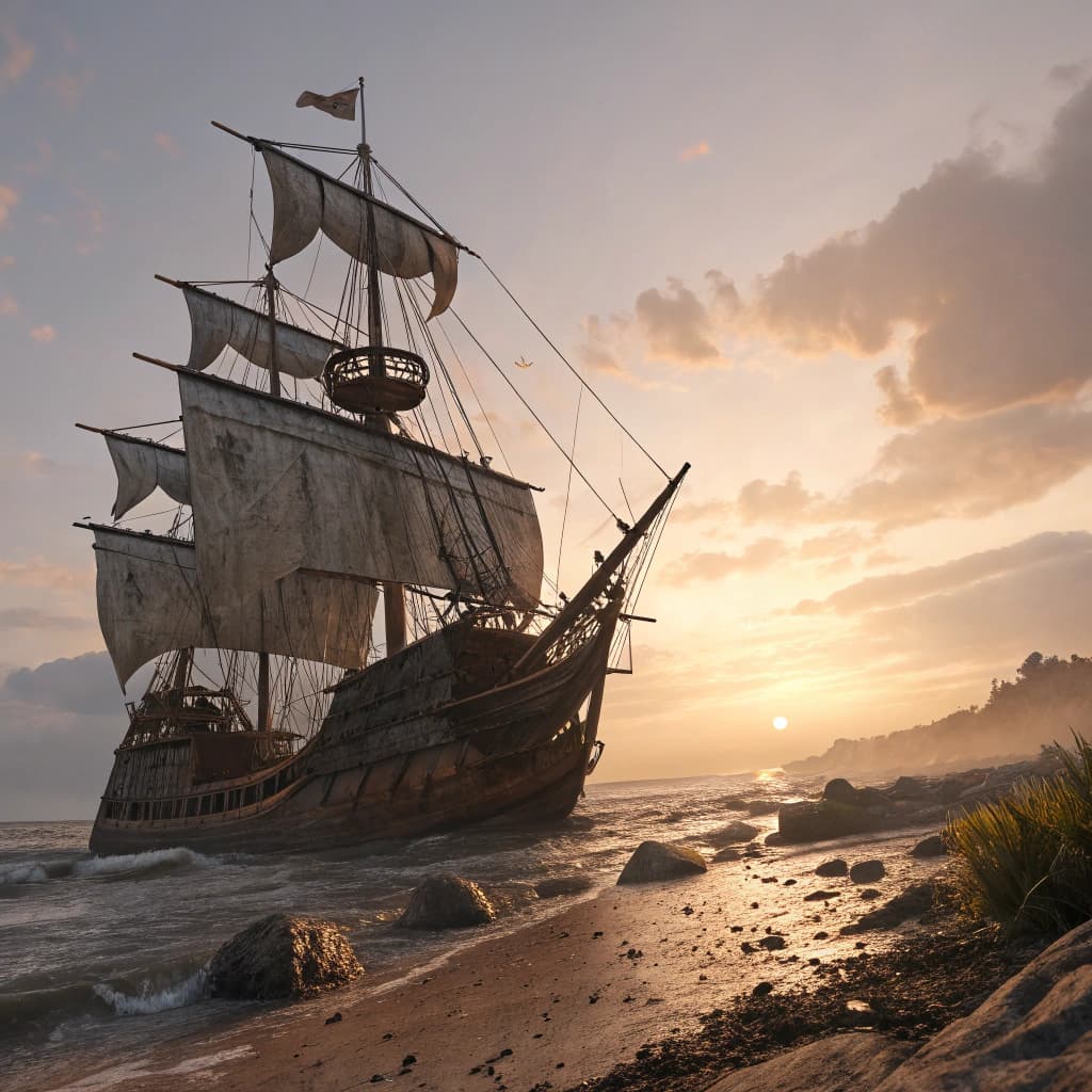 AI generated: Photo of a ultra realistic sailing ship, dramatic light, pale sunrise, cinematic lighting, battered,...