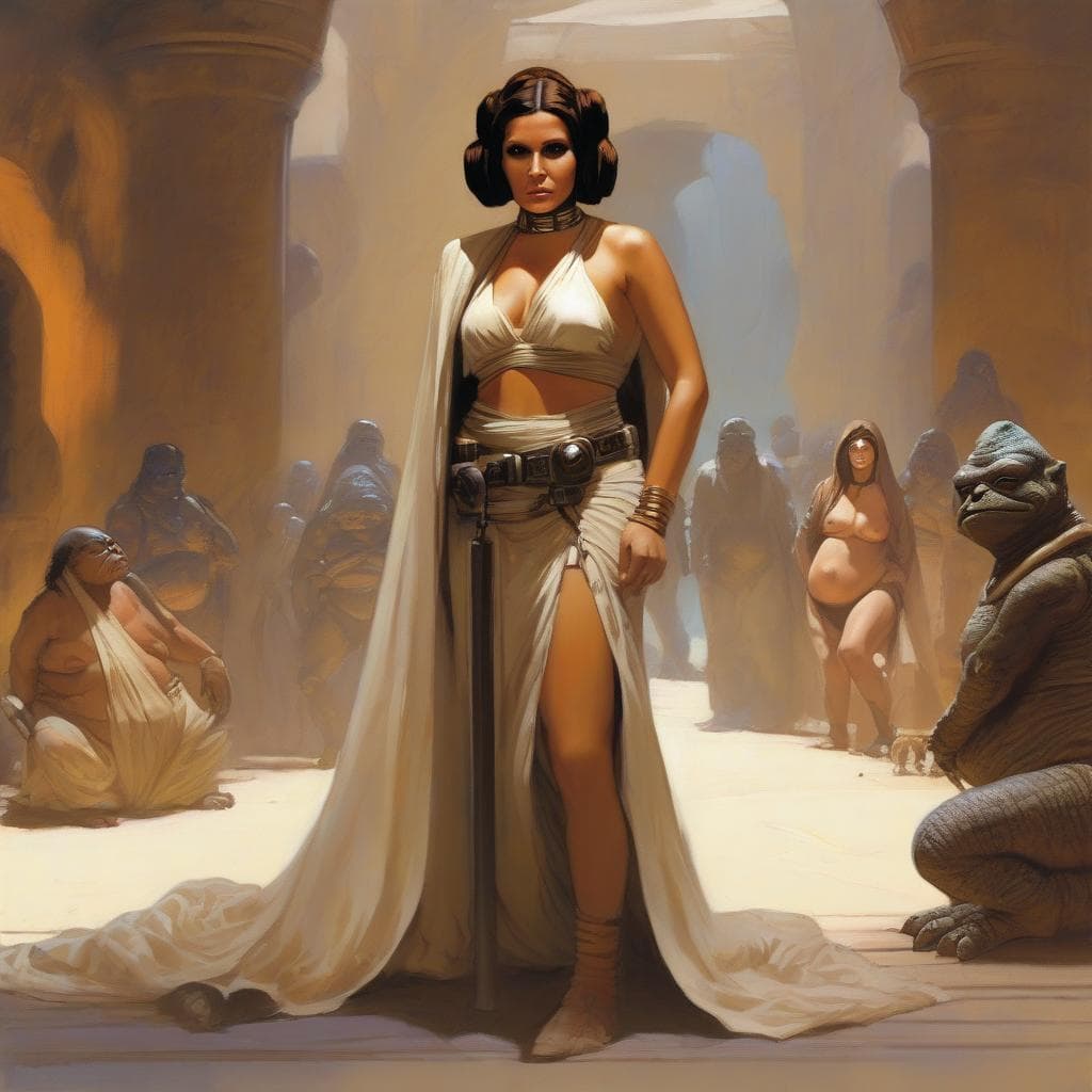AI generated: (submissive Princess Leia as a harem slave in chains, 1.3) of (Jabba the Hutt, 1.8), style of Frank ...