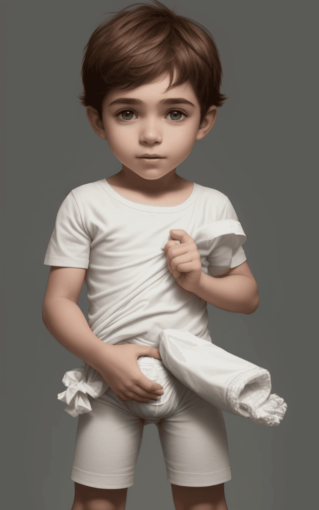 AI generated: boy holding a diaper in his hand