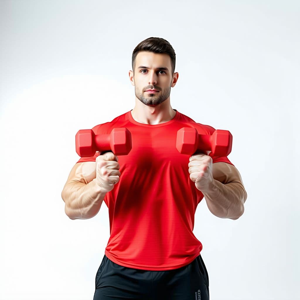 AI generated: a strong muscular man full body view holding small 1kg red color neoprene dumbbells in gym (lighter ...