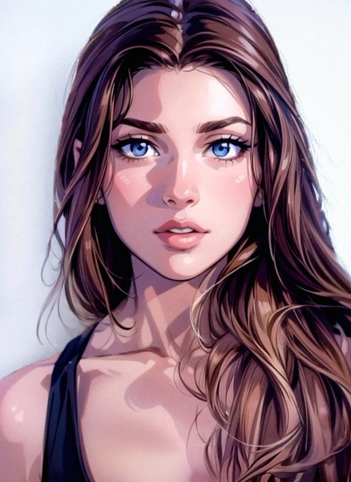 AI generated: Portrait of a young female with natural beauty, blue eyes, and long brown hair, soft focus, film gra...
