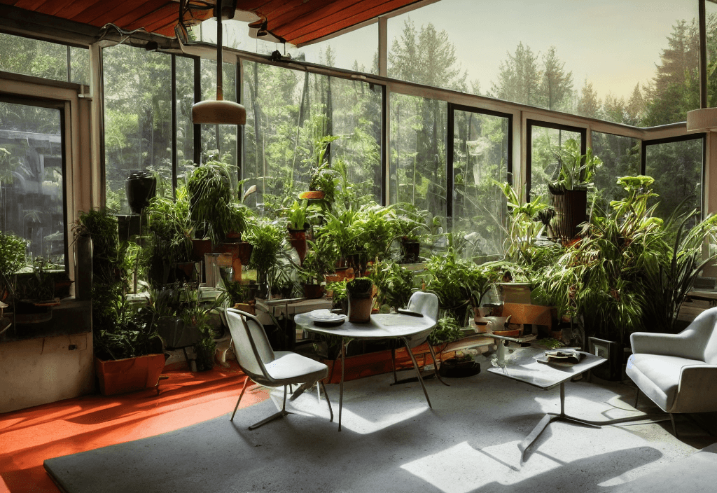 AI generated: environment living room interior, mid century modern, indoor garden with fountain, retro,m vintage, ...