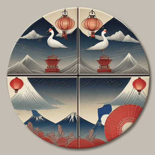 AI generated: Create a pattern with stylized depictions of Mount Fuji, a uchiwa fan, a crane, and a lantern, all d...