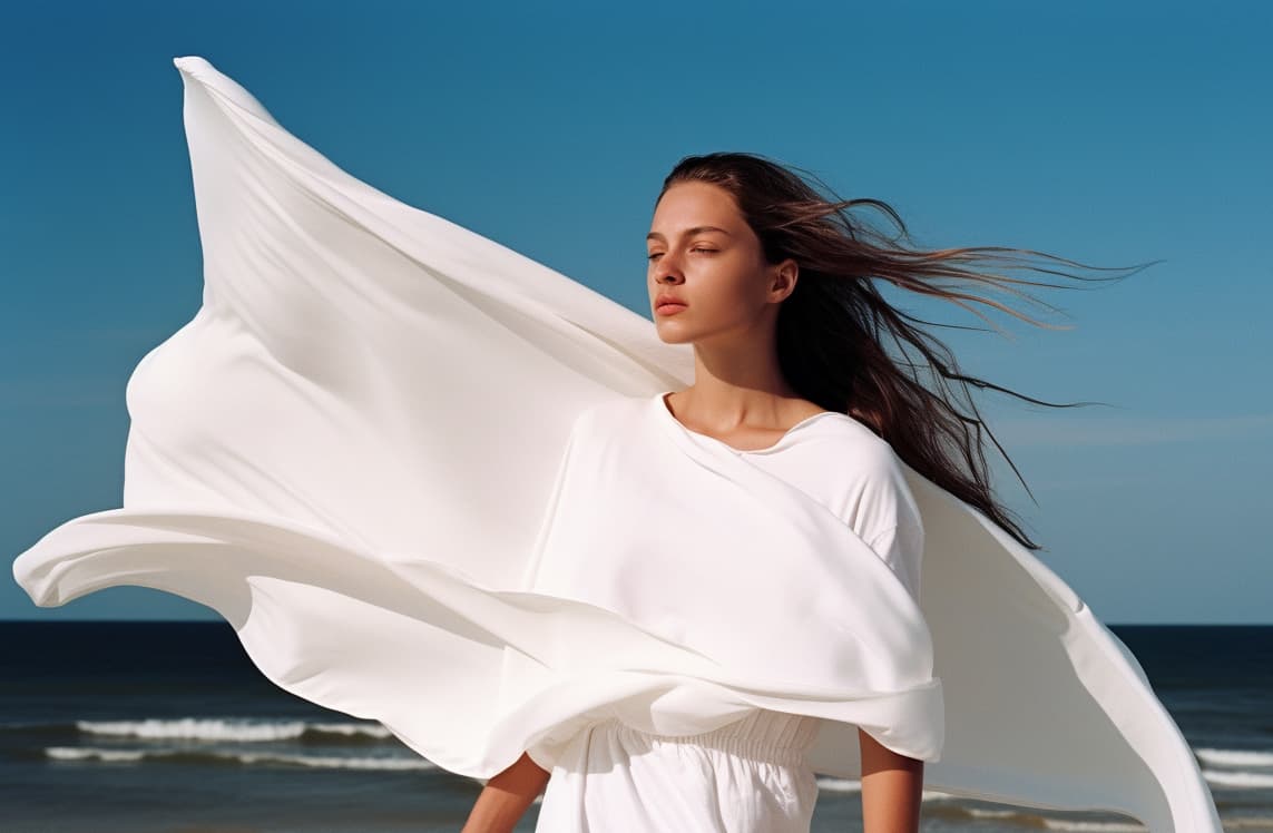 AI generated: slavic 18 years old model standing on top of a sandy beach, a portrait of issey miyake, slavic featu...