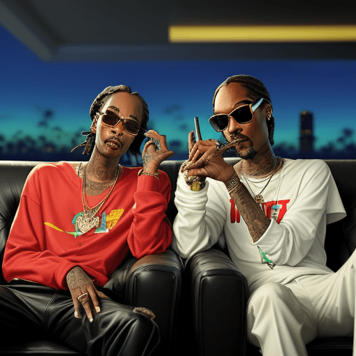 AI generated: Realistic, wiz khalifa and snoop dogg sitting in a Miami lounge, both of them are wearing sunglasses...