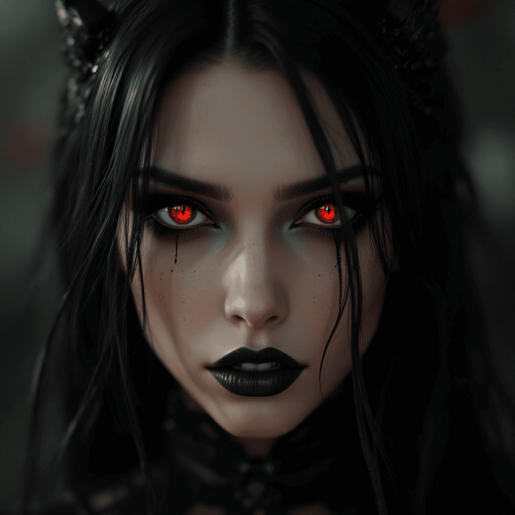 AI generated: a woman with red eyes, black goth makeup, in the style of realism with fantasy elements, daz3d, fine...