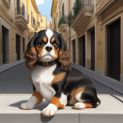 AI generated: cavalier king black and tan, in Siracusa, view at the street level, hyper realistic