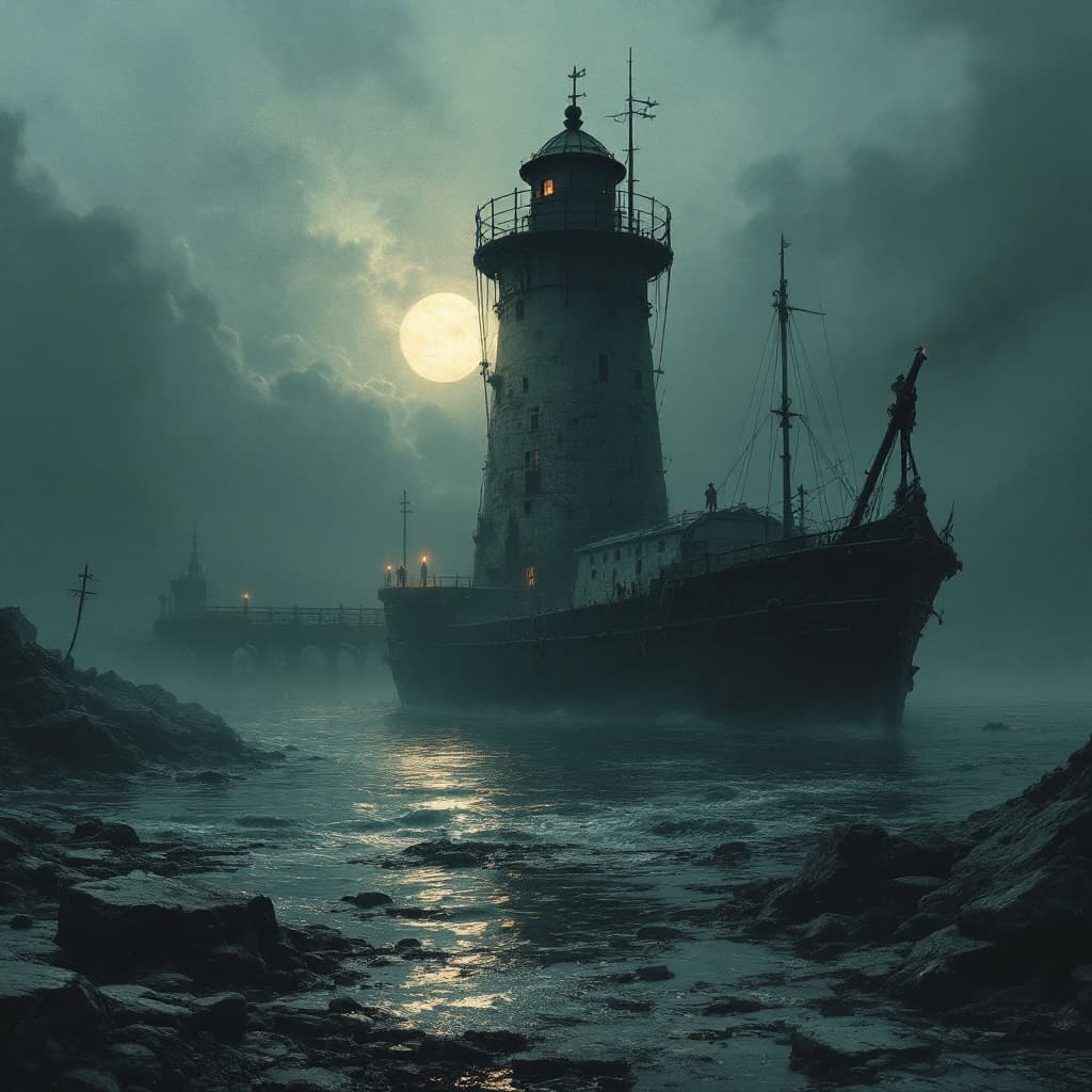 AI generated: old harbour with lighthouse dungeon synth dark atmospheric melancholic next to lighthouse old ship m...