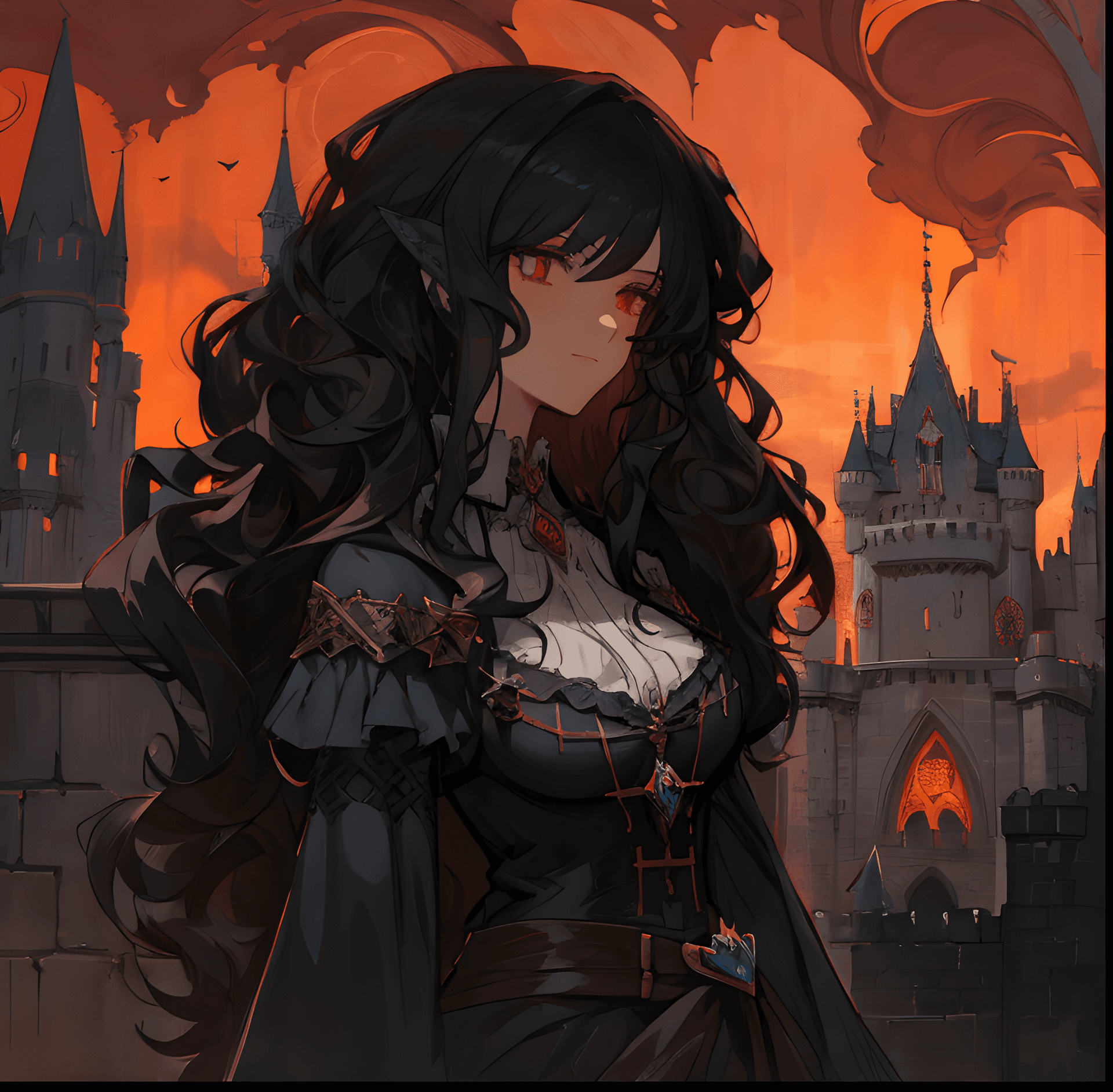 AI generated: a woman with long black hair standing in front of a castle, a character portrait, gothic art, with h...