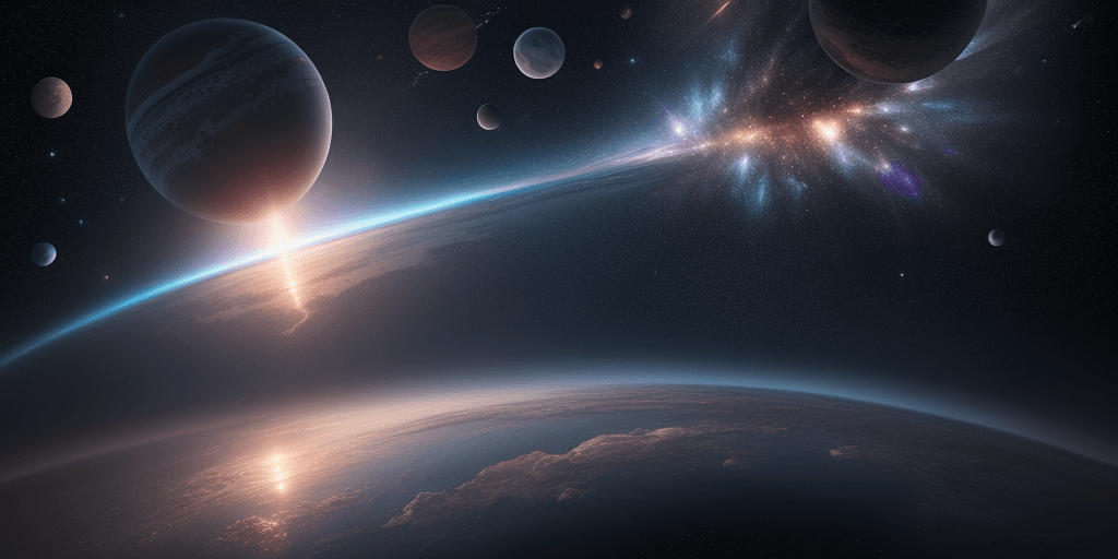 AI generated: High impact planet collision blast effects and destruction, above a peaceful body of water reflectin...