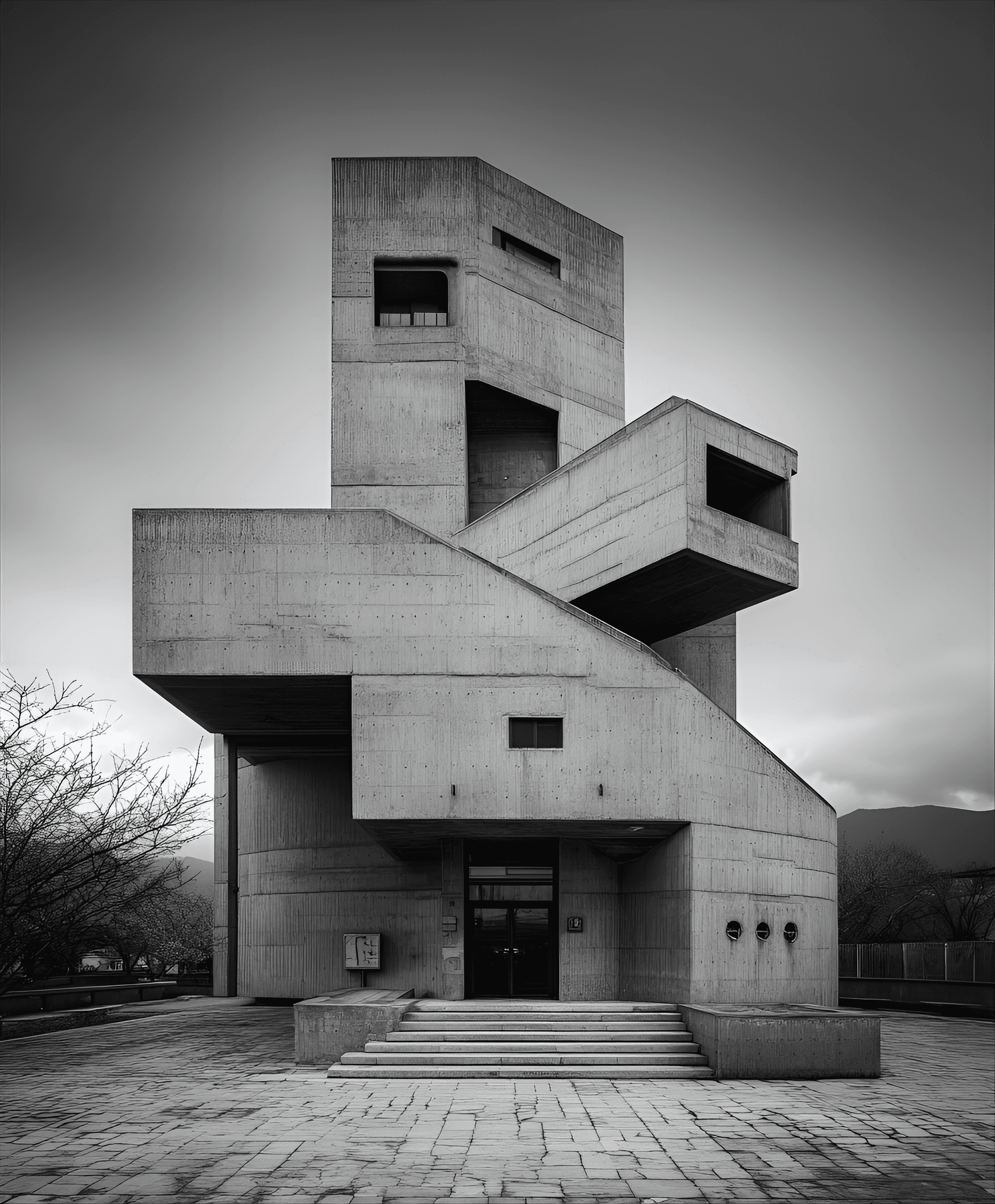 AI generated: Brutalist architecture, concrete house, urban landscape, detailed textures, cloudy overcast sky, nat...