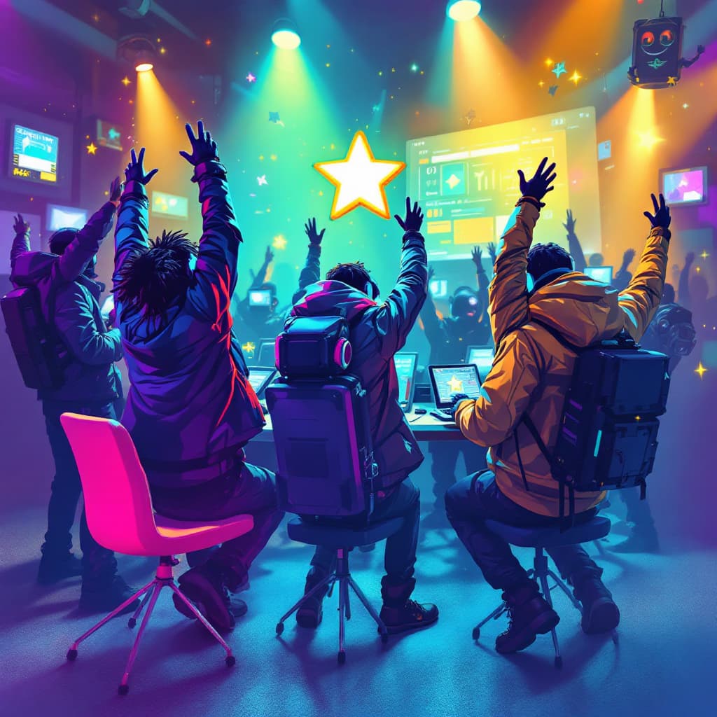 AI generated: Cyber punk business cheering about wining holding up an award