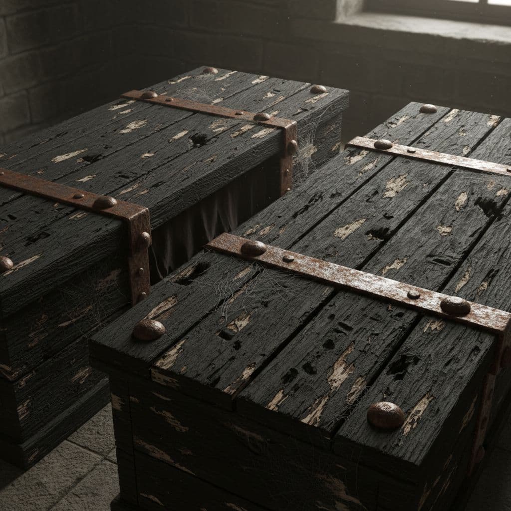 AI generated: Wooden coffin lids with iron hinges, aged and cracked 3D design.