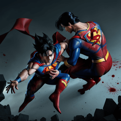 AI generated: Goku beating Superman brutally, superman covered in blood, Saitama scared at back