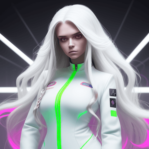 AI generated: a strog woman with long hair representing the tecnology whit a long sleeve jumpsuit looking at the c...