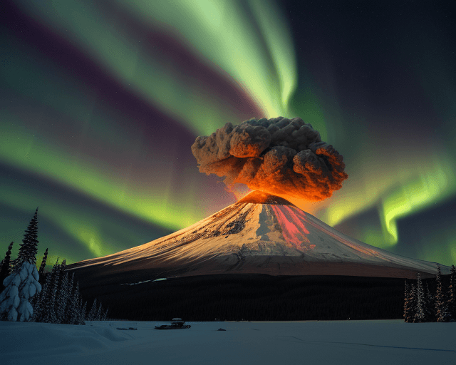 AI generated: Hyper realistic photo of volcano erupting, in snowy northern landscape, aurora borealis, wide image,...