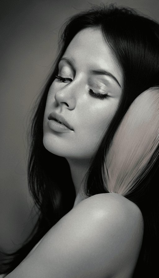 AI generated: Black and White, an striking portrait of a woman, long dark hair, soft gradient of natural light, hi...