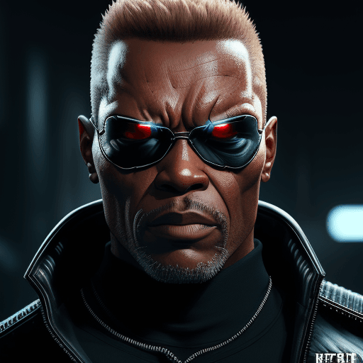 AI generated: Portrait of The Terminator with Nick Fury outfit, glare pose, detailed, intricate, full of colour, c...