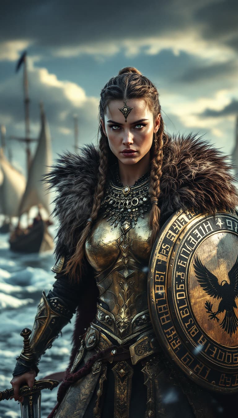 AI generated: A powerful Viking warrior queen with ash-brown hair styled in braided side plaits, wearing gold-plat...