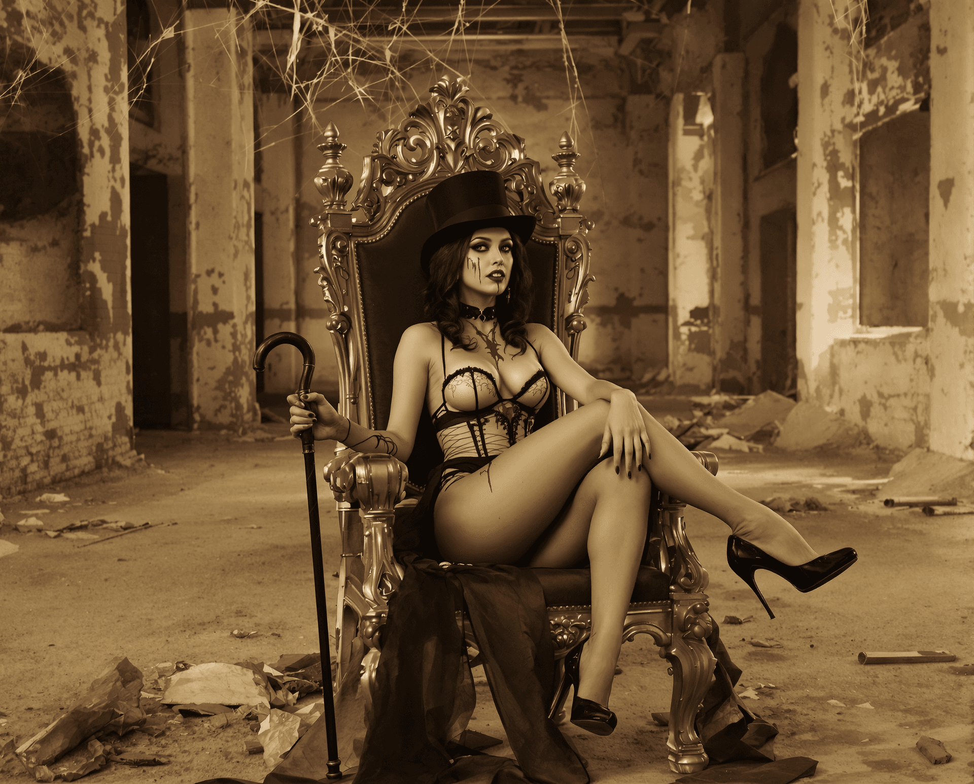 AI generated: A sepia toned 1800s quality image of a beautiful brunette vampire dressed in 1860s style lingerie.  ...