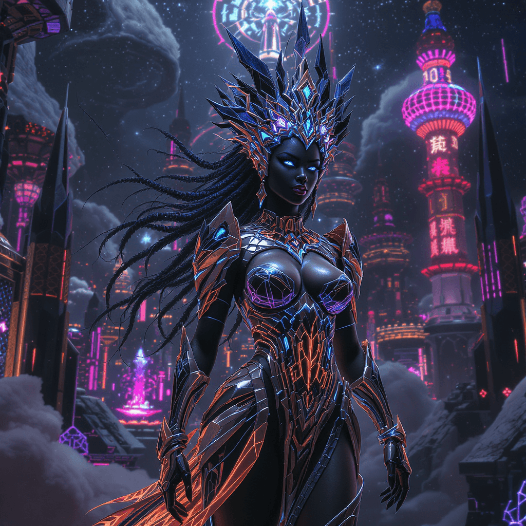 AI generated: Neo Tokyo Afro-fururistic themed background. A Warrior Queen in a 
holographic vibranium armor, cry...