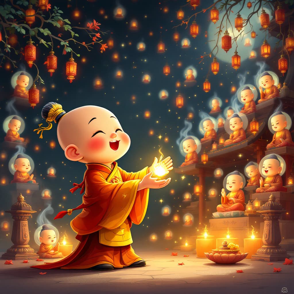 AI generated: A cartoon of a little Chinese Taoist priest rendered in Japan, holding fragrance in his hand, kind a...