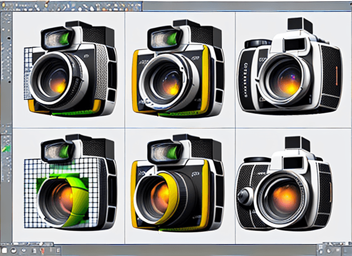 AI generated: Four different cameras arranged in a grid, each same size with 3 cameras, designed by Ross lovegrove...