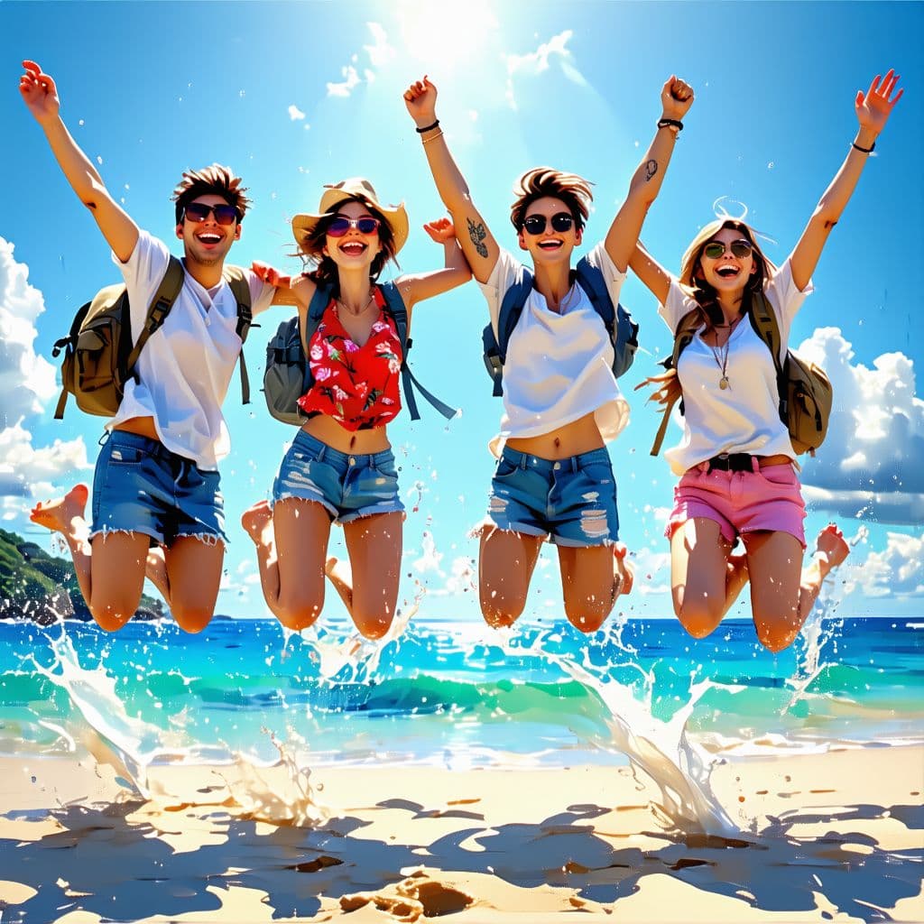 AI generated: four college students jumping together on the beach, wearing summer travel outfits, full body, brigh...