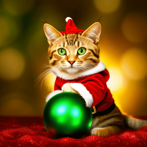 AI generated: tabby cat with green eyes tangled in christmas lights, wearing red santa hat, macro,sunlight,fantasy...