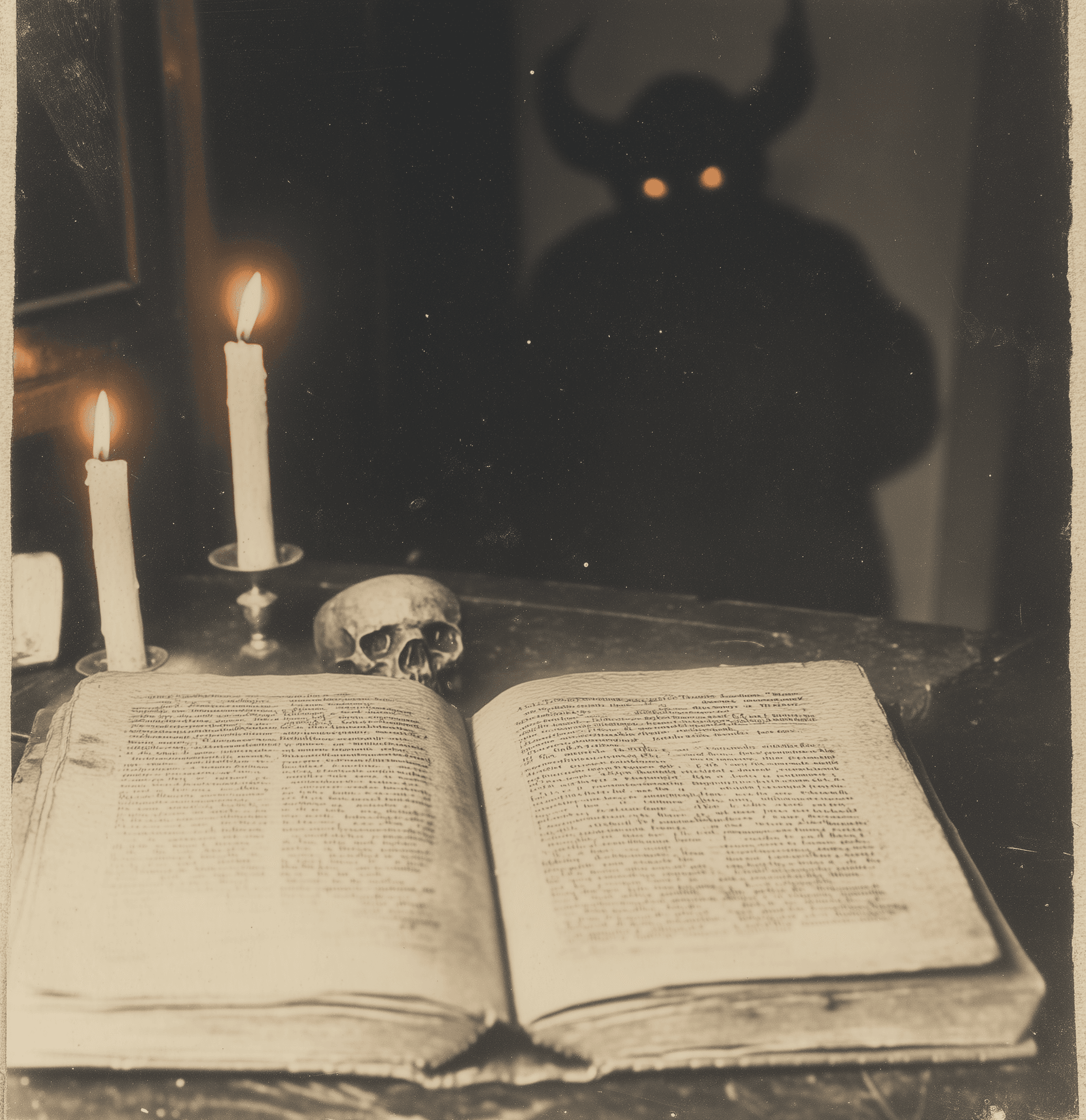 AI generated: A vintage photograph of an open book on a table, with candles and a devil's skull. In the background...