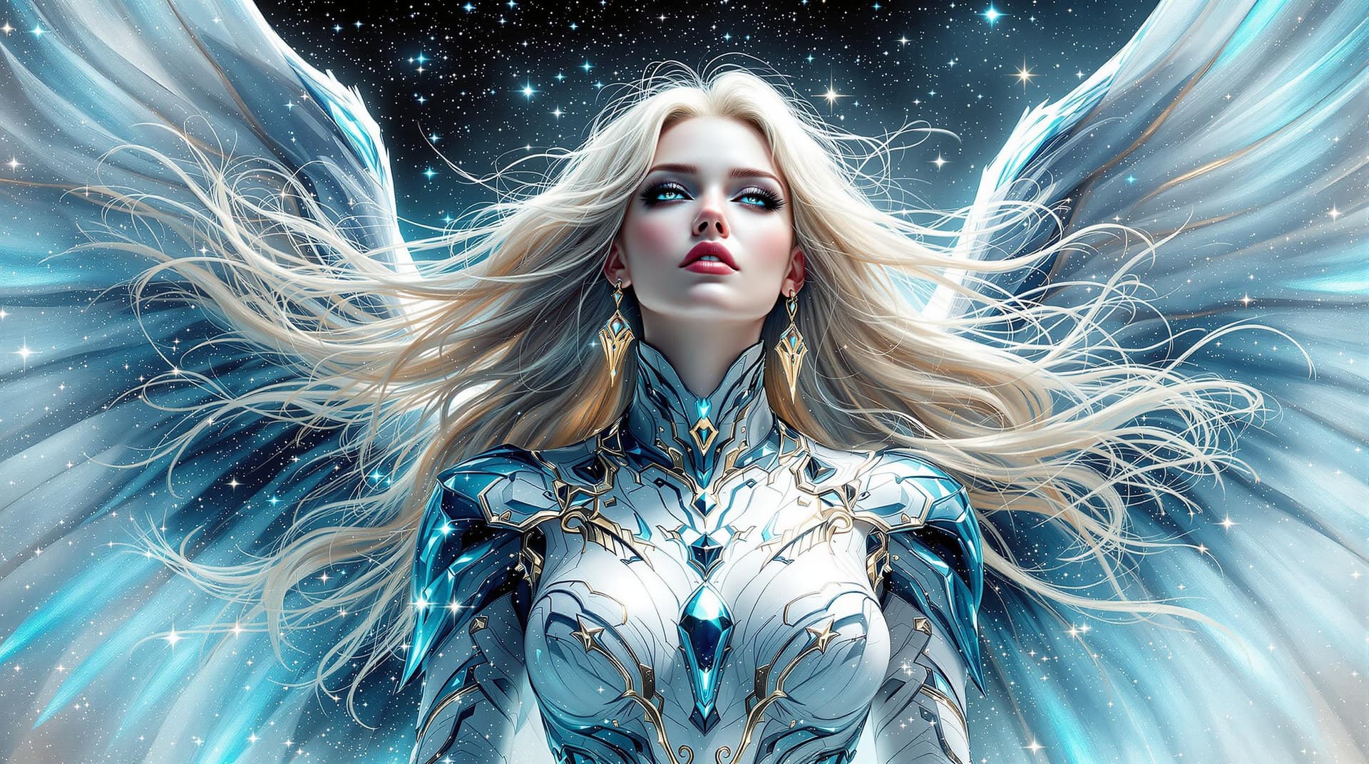 AI generated:    scifi professional artwork  , ultra fine 3d details, full body archangel wings open,pointing tota...