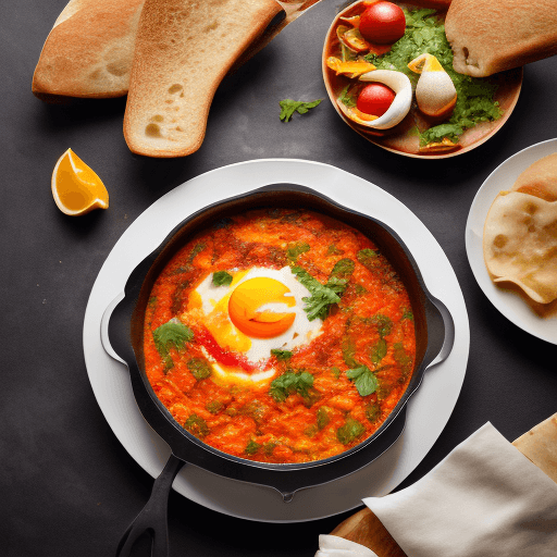 AI generated: Food photography, shakshuka, top view,in a luxurious Michelin kitchen style, studio lighting, depth ...