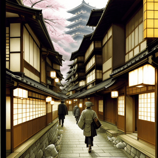 AI generated: kyoto, walking tour japan, in the style of hinchel, villagecore, manga-influenced, spiritual resonan...
