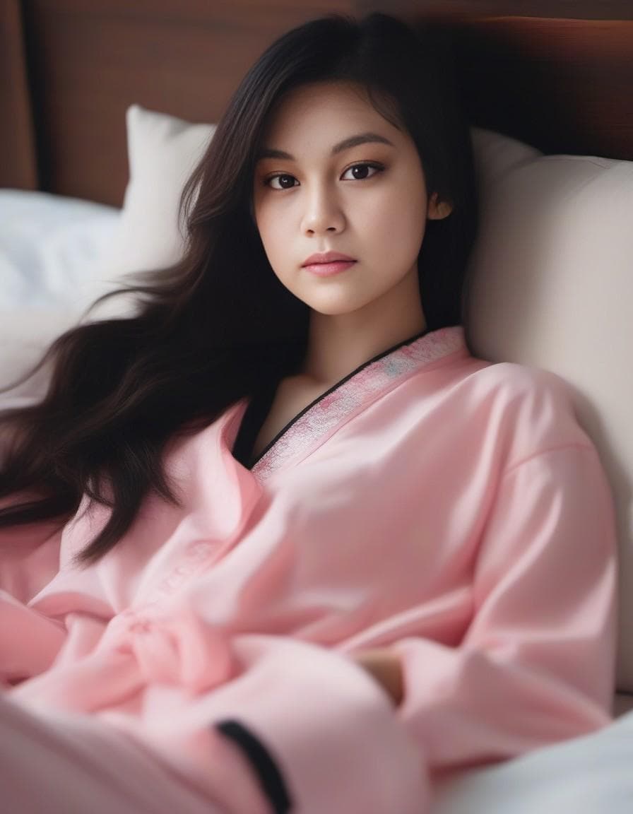 AI generated: Sleeping girl, 22 years old, realistic, she is wearing long pants, she is wearing pink pajama, brown...