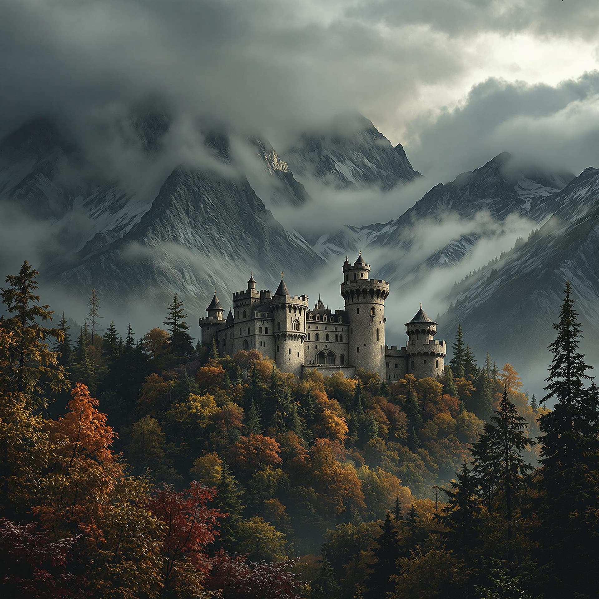 AI generated: A hammer studios horror films castle. Dense foliage with varied tree species, including deciduous an...
