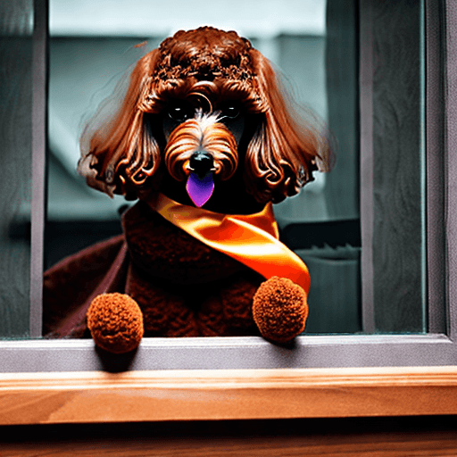 AI generated: It is Halloween night. A brown poodle is waiting her owners standing on a wooden table close to the ...