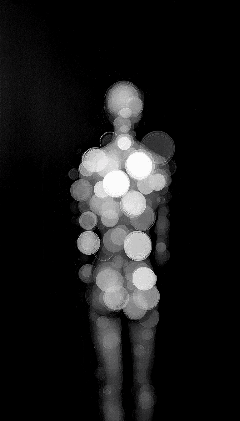 AI generated: A monochromatic blur of circles on the back of an abstract humanoid form, with no head or feet visib...