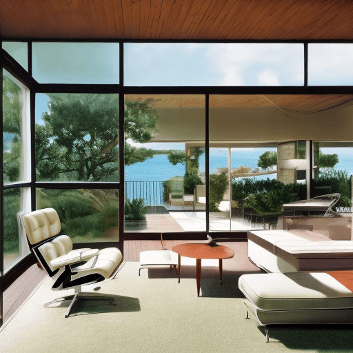 AI generated: Hyper realistic eye level exterior photo of a mid century modern style house overlooking the ocean, ...