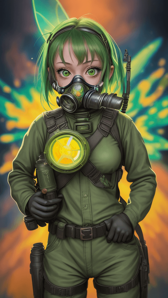 AI generated: complex background portrait of little 
tinkerbell woman. Wearing a gas mask. Prominent eyes, complex...
