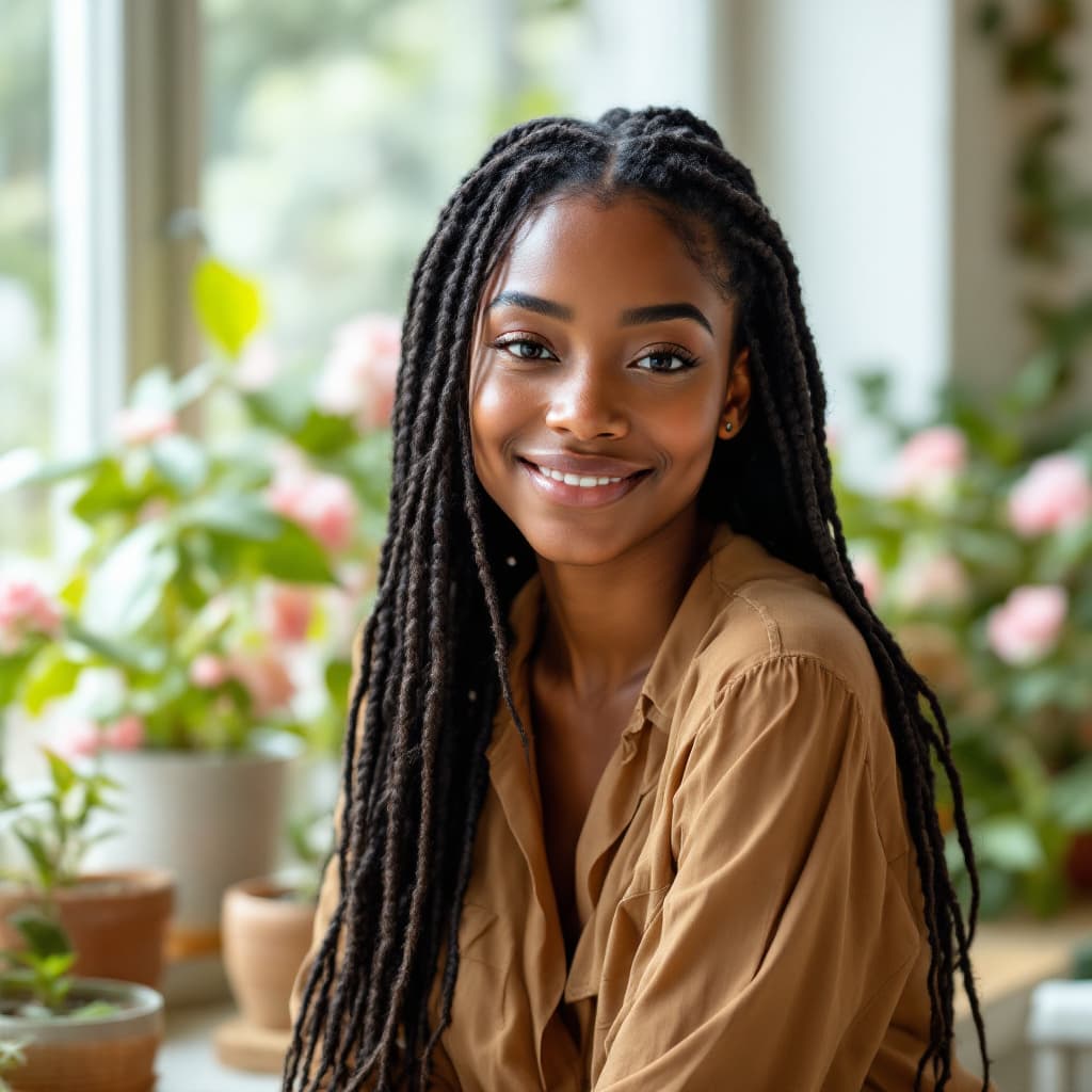 AI generated: A 25-year-old Black woman with long natural braids, glowing skin, surrounded by potted plants and so...