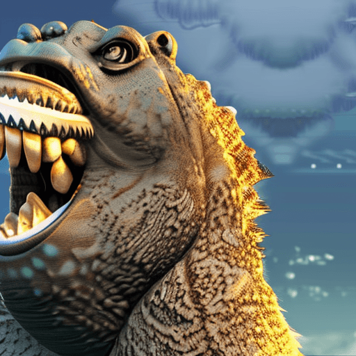 AI generated: Photo realistic image of godzilla blowing a cartoon kiss directed at king kong grinning from happine...