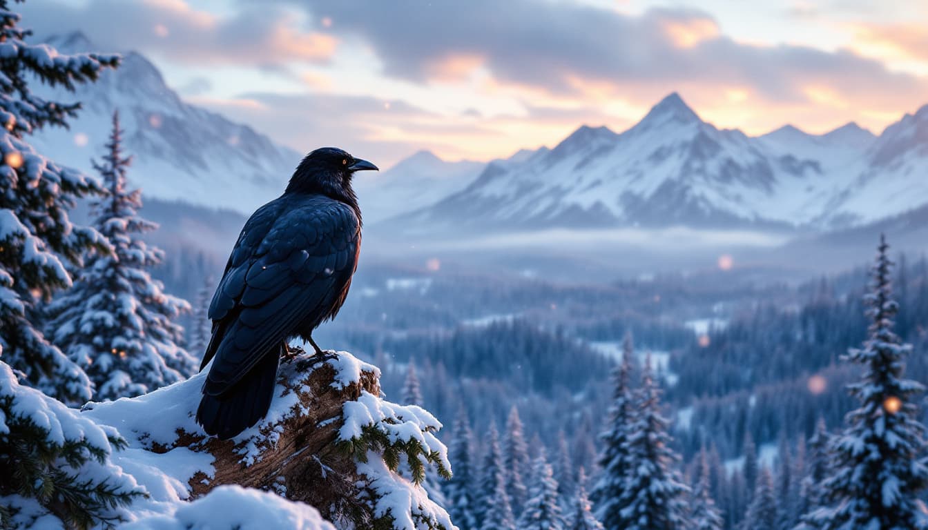 AI generated: 

Black crow, looking back, crossing the sky, overlooking the forest floor above a vast snow-covered...