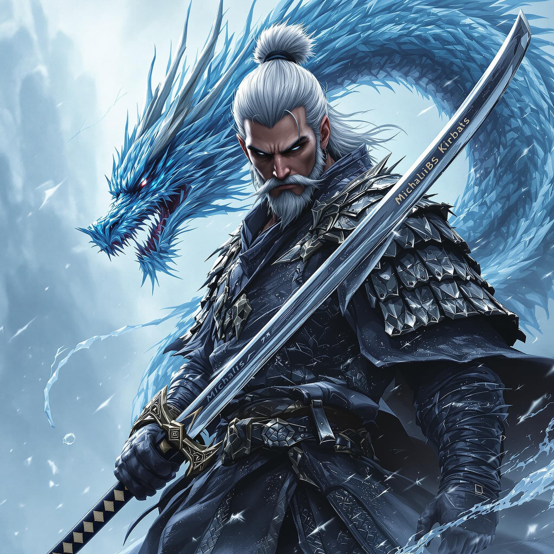 AI generated: ice dragon backround,gray hair,mighty samurai with an old school katana, "MichalisBS" written on the...