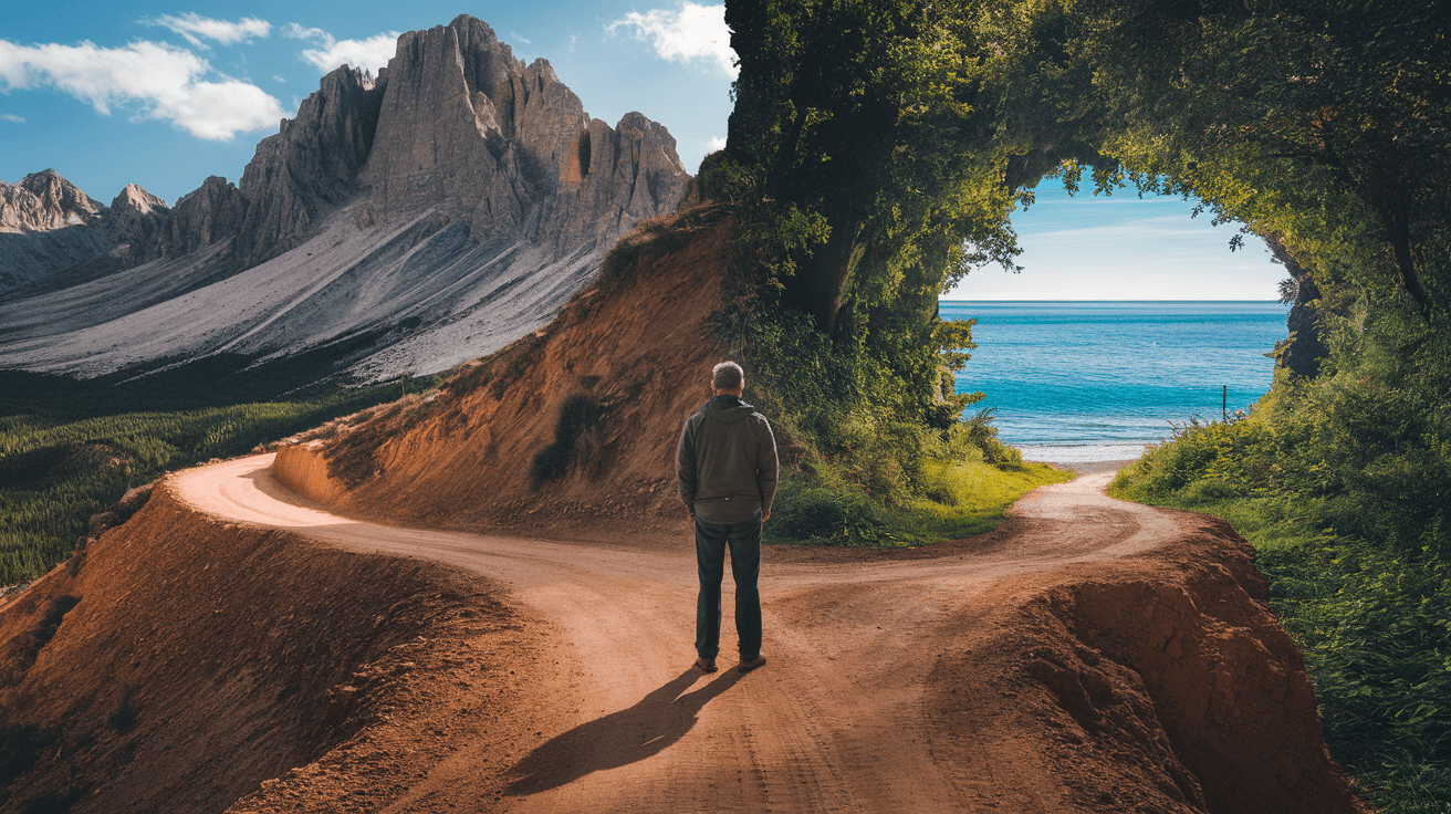 AI generated: A solitary man standing on the precipice of a cliff, his back to the viewer, contemplating the diver...