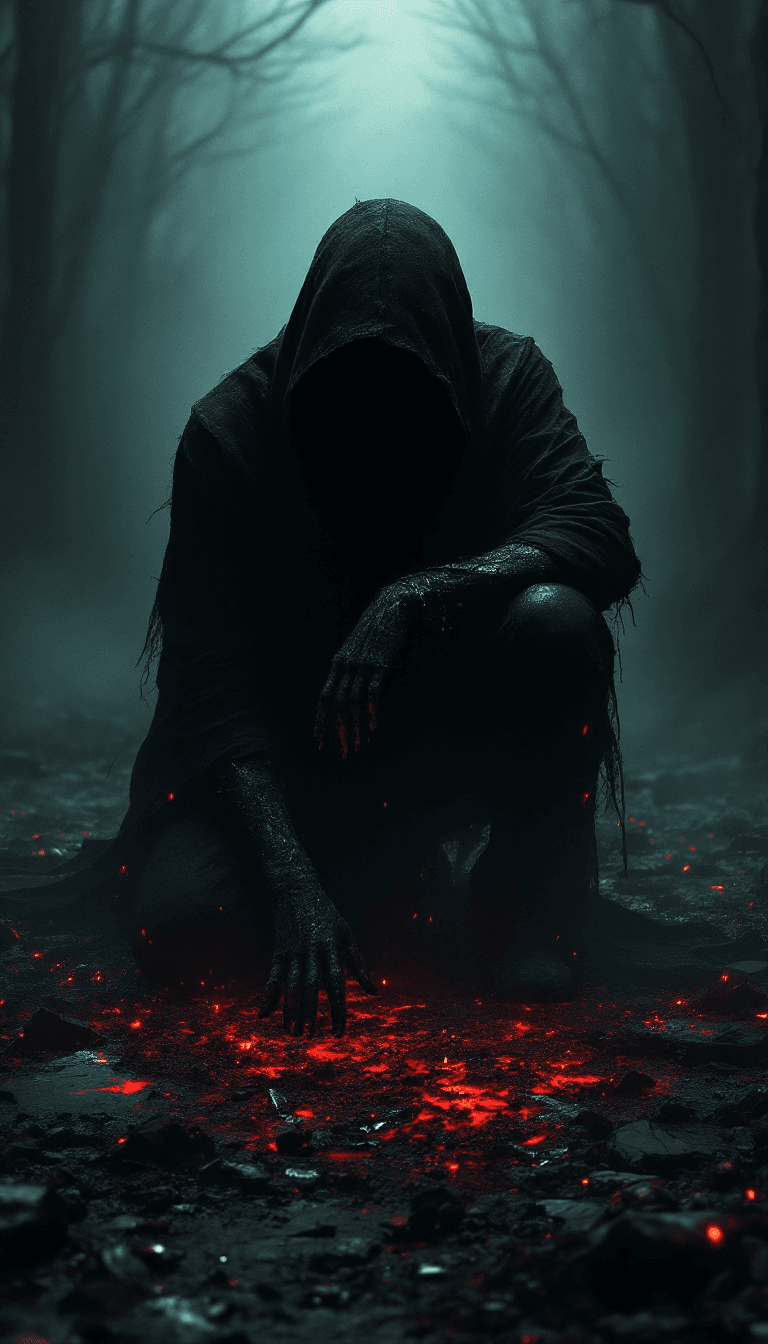 AI generated: alone in the darkness, broken, kneeling and looking down, full body, no face, (psychopathic:0.8) , b...