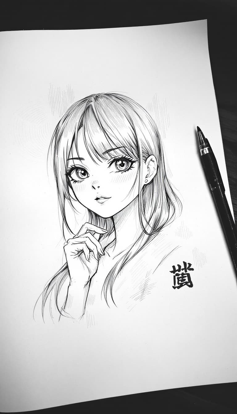 AI generated: girl, pen drawing, sketch