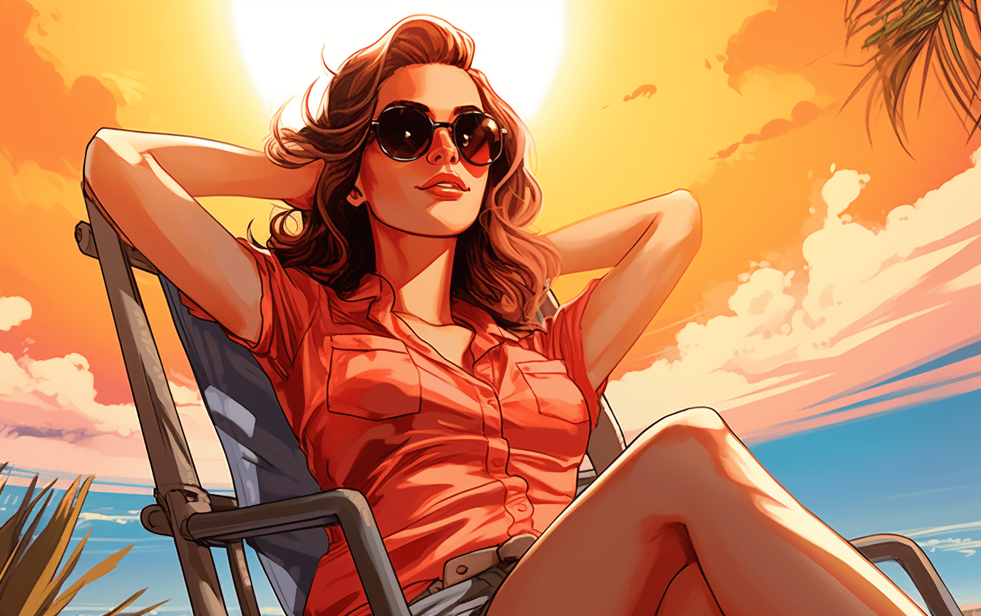 AI generated: Beautiful girl in sitting around in the sun on, in the style of anime art, vacation dadcore, photo -...