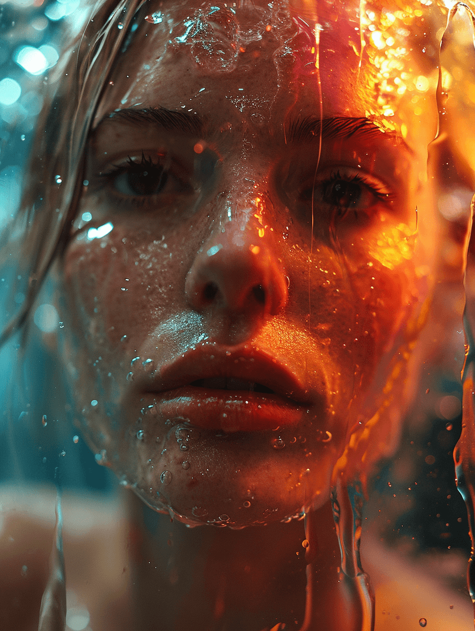 AI generated: stunning front portrait photo of blond woman head, looking directly to the camera, dark brown eyes, ...
